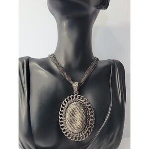 Vintage Erica Lyons Gunmetal Mesh Chain Necklace Sparkling Oval Pave Pendant